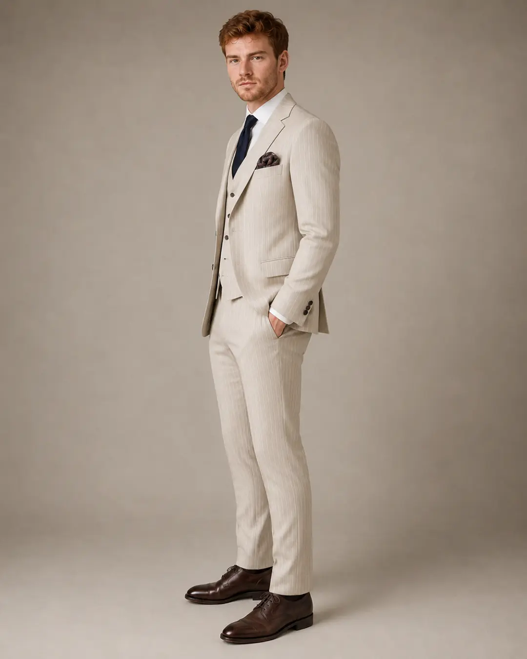 Beige Pinstripe Three-Piece Suit