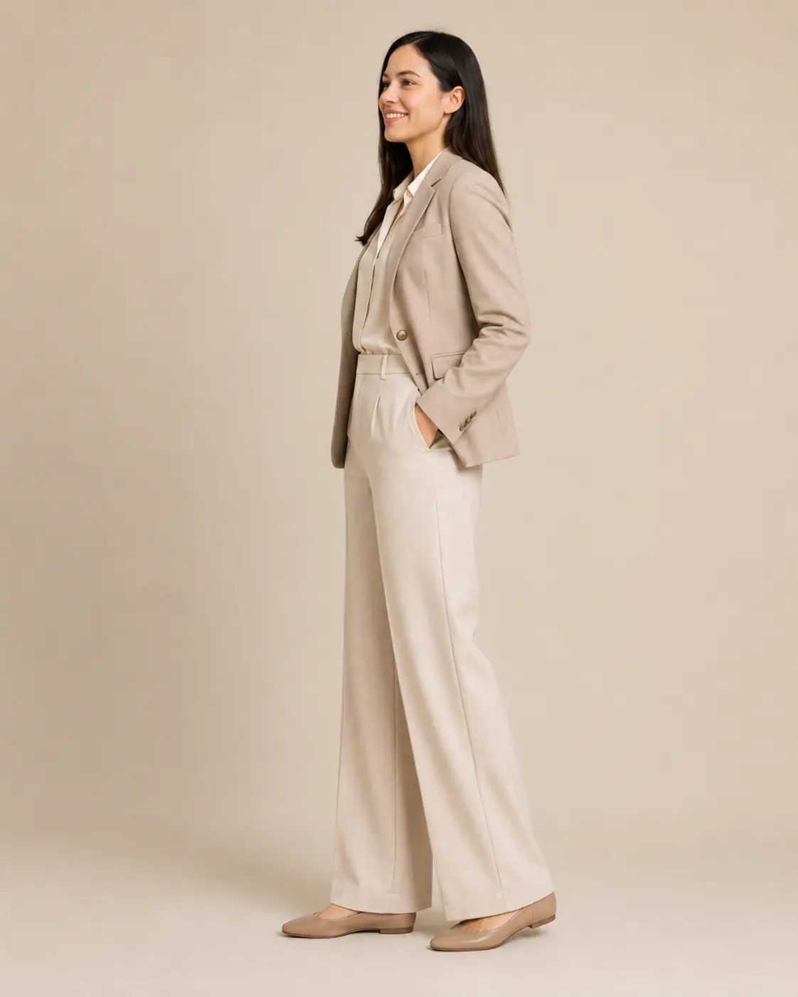 Beige Single-Breasted Tailored Blazer