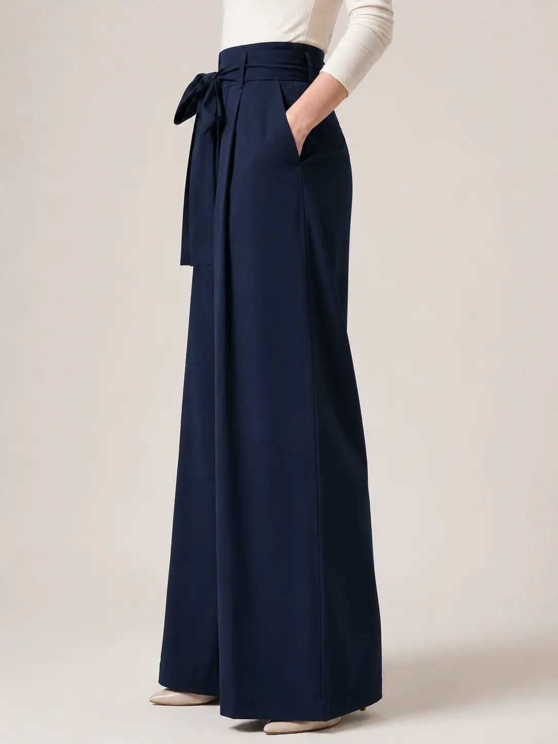 Navy Tie-Waist Wide-Leg Trousers