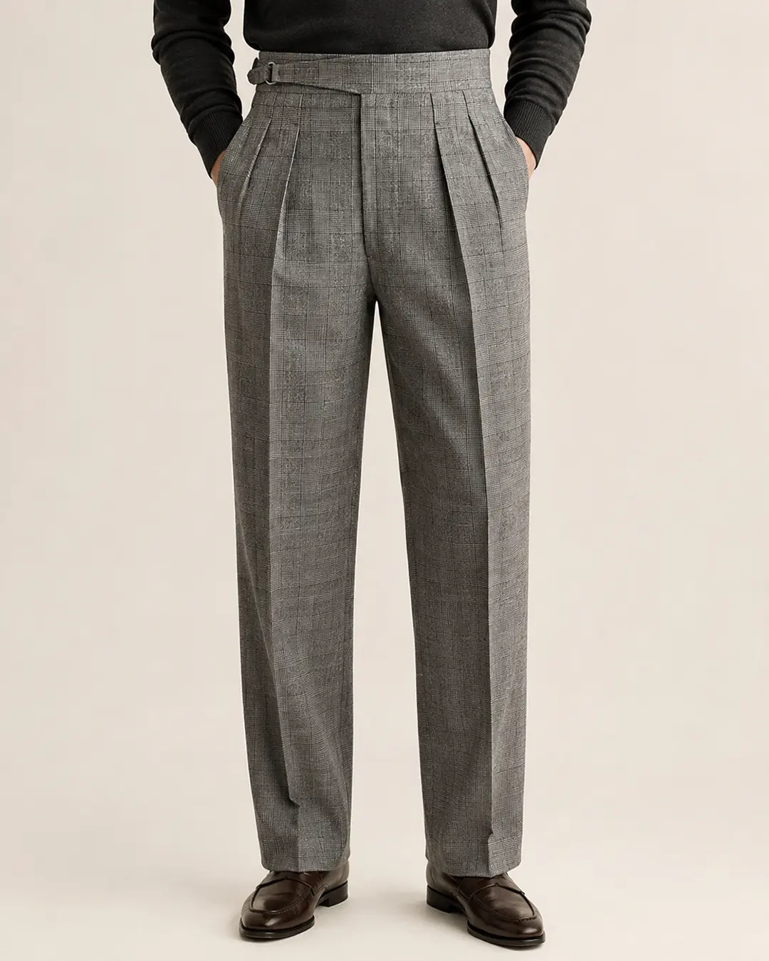 Grey Plaid Double-Pleat Trousers