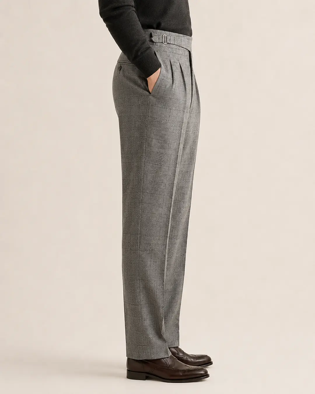Grey Plaid Double-Pleat Trousers