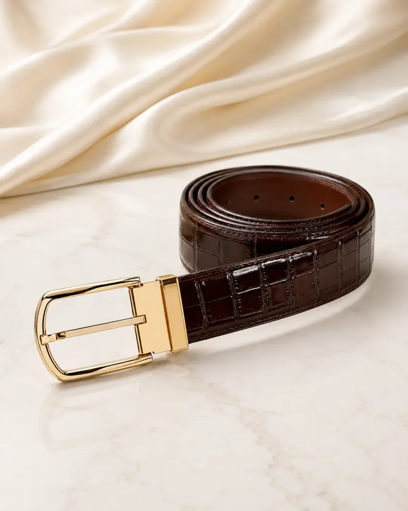 Dark Brown Crocodile Embossed Leather Belt with Gold Buckle