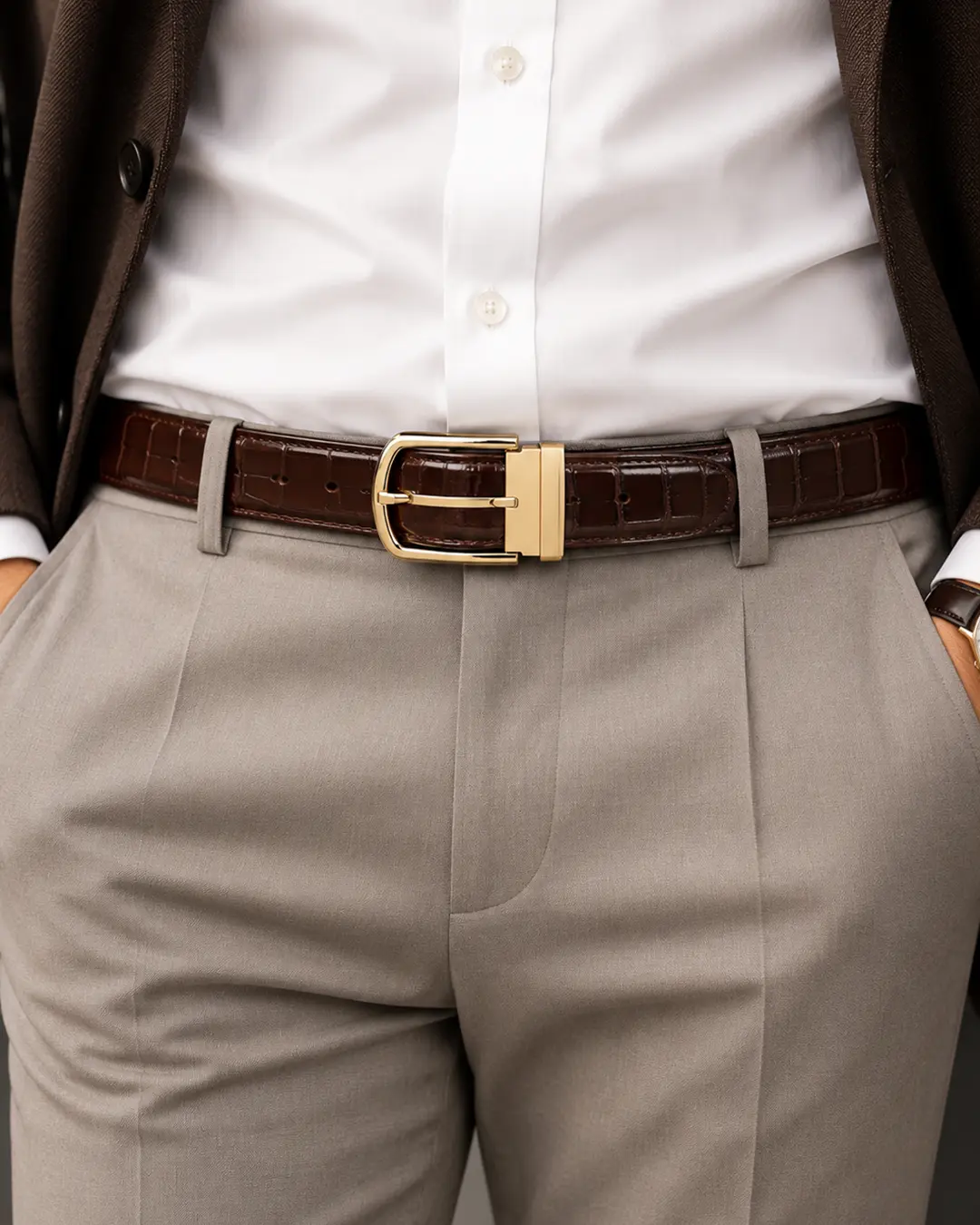Dark Brown Crocodile Embossed Leather Belt with Gold Buckle