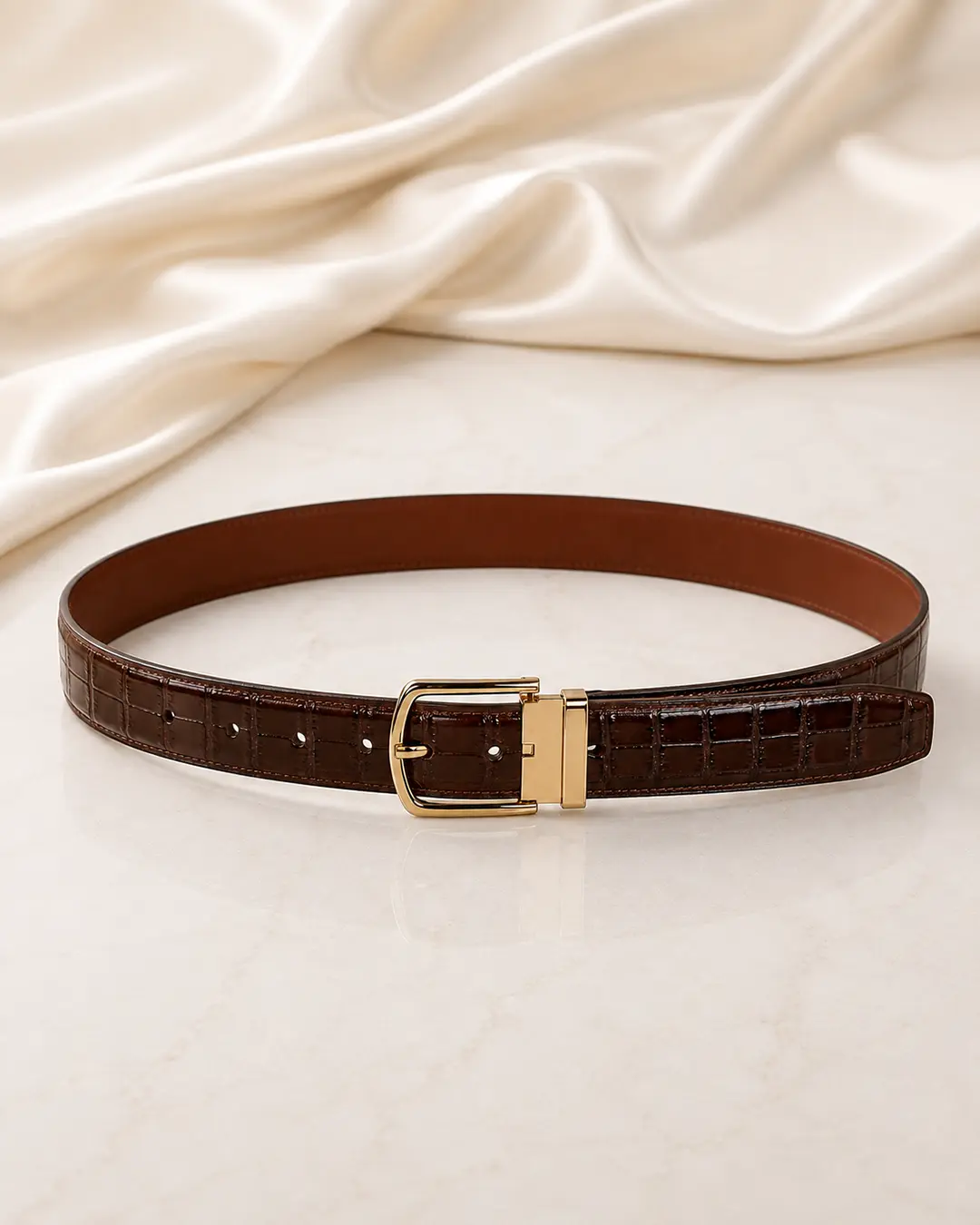 Dark Brown Crocodile Embossed Leather Belt with Gold Buckle