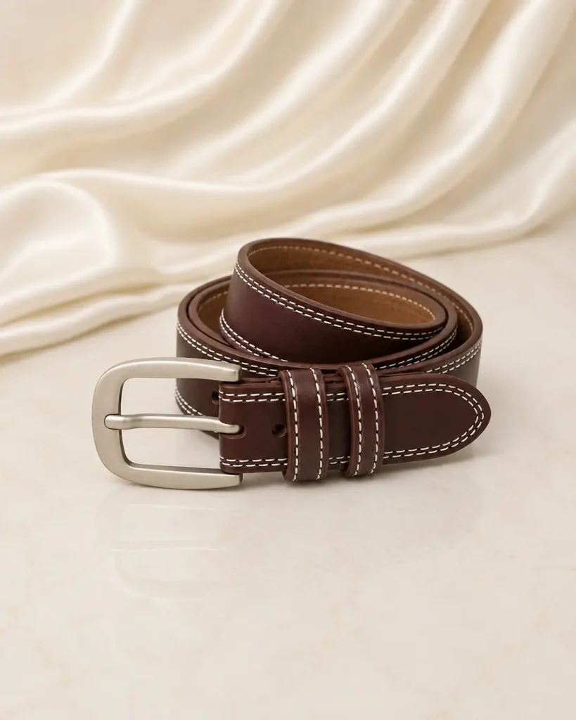 Dark Brown Leather Belt with Contrast Stitching