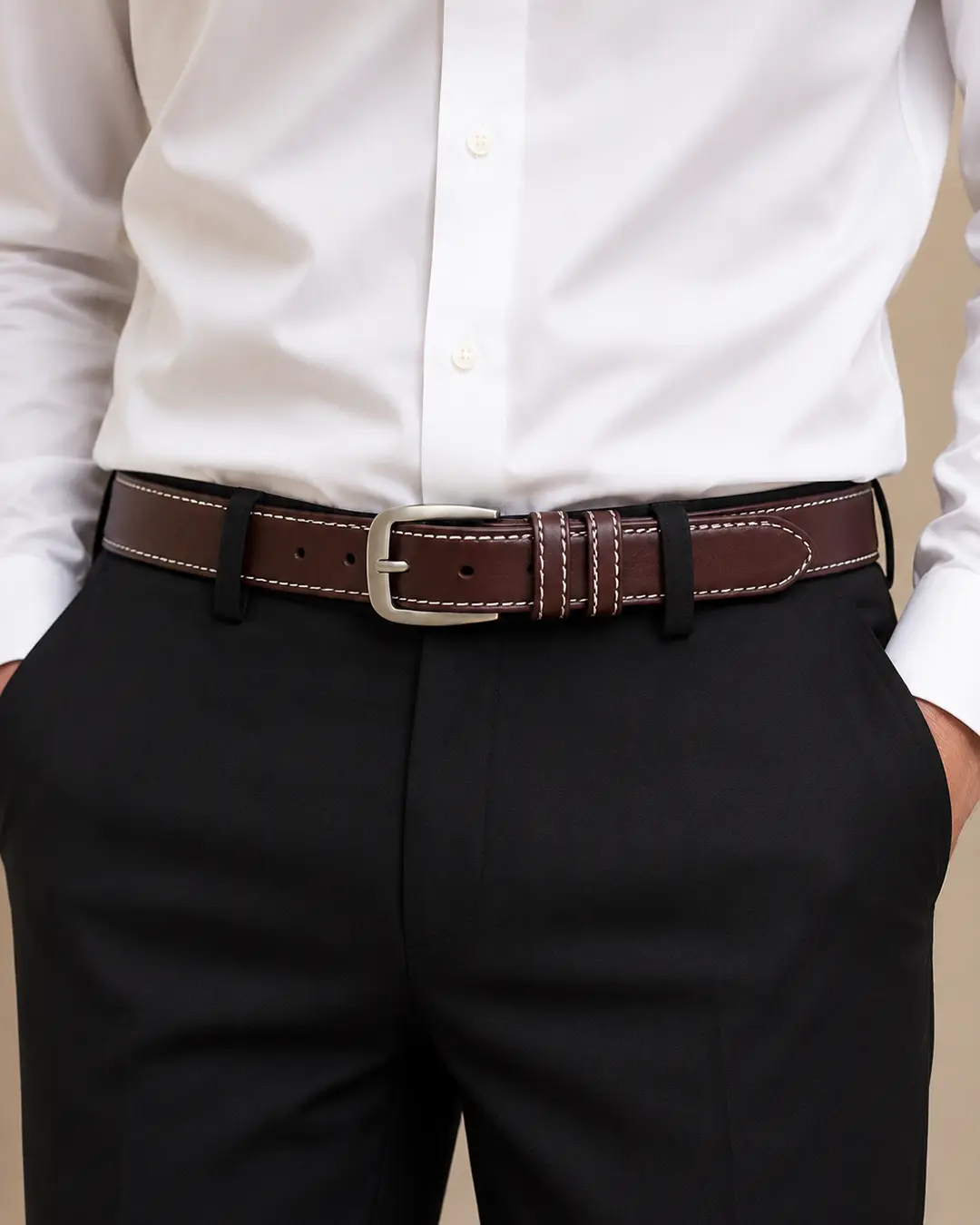 Dark Brown Leather Belt with Contrast Stitching