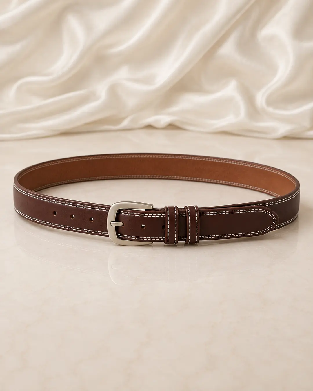 Dark Brown Leather Belt with Contrast Stitching