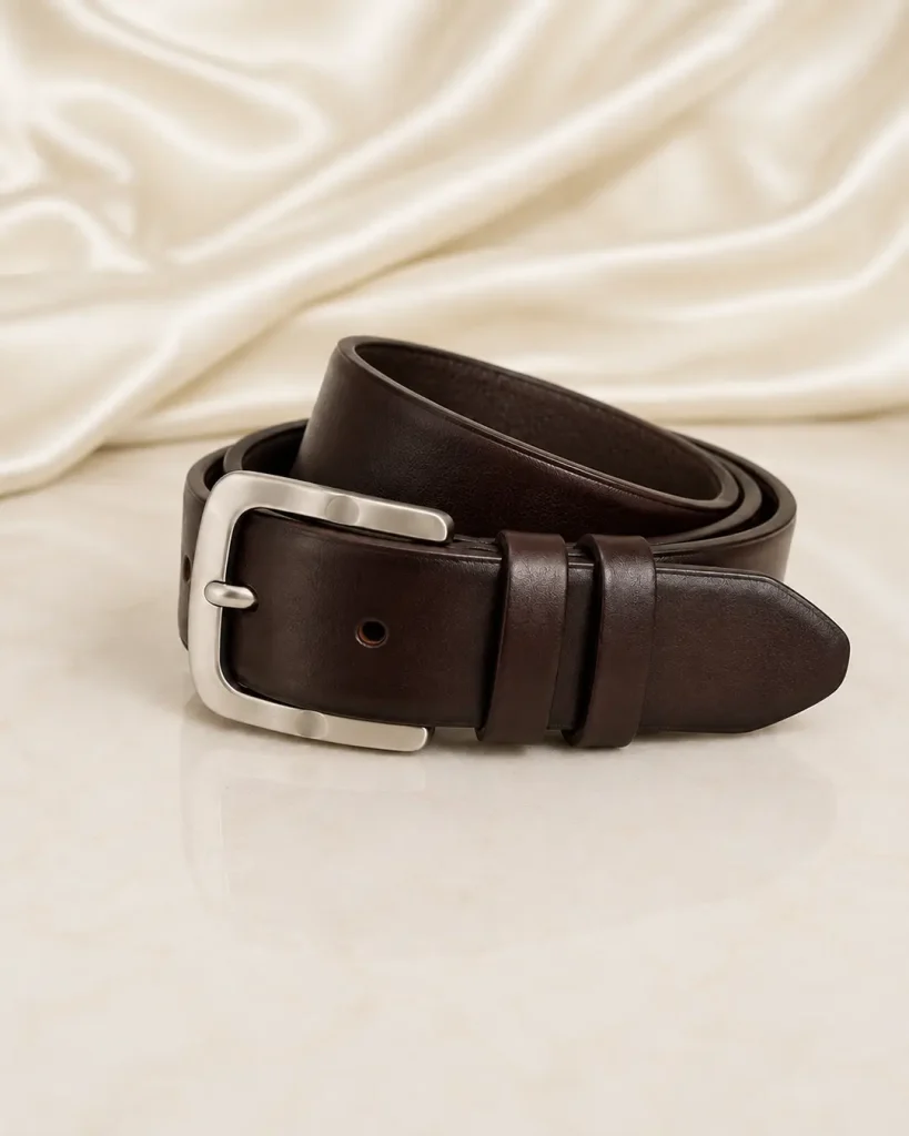 Dark Brown Leather Belt with Silver Buckle