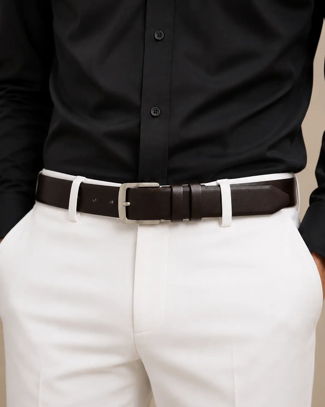 Dark Brown Leather Belt with Silver Buckle