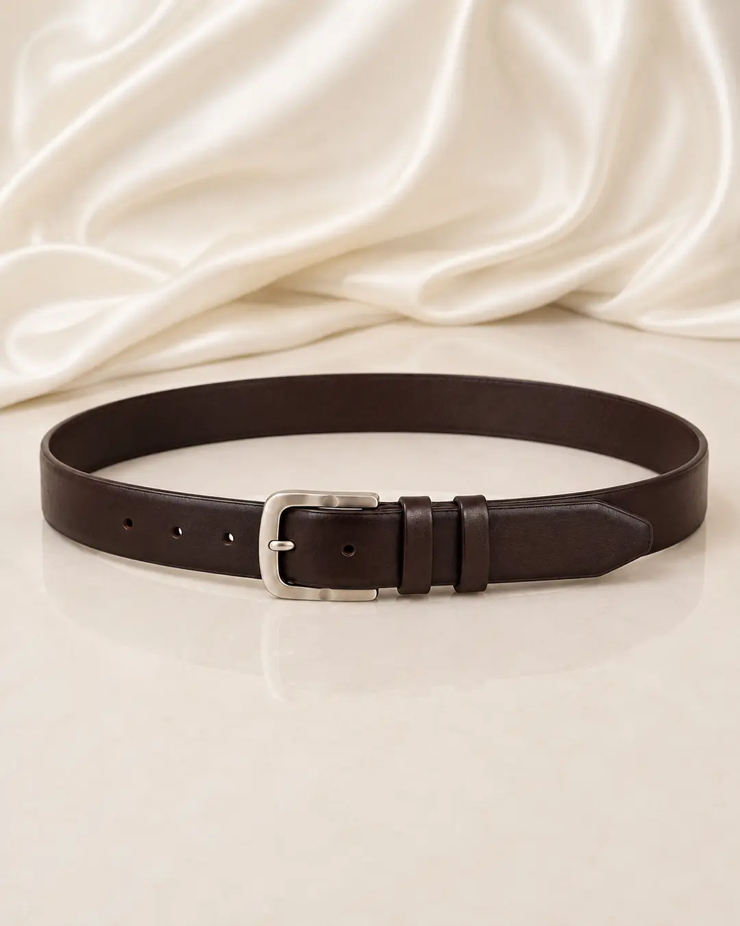 Dark Brown Leather Belt with Silver Buckle
