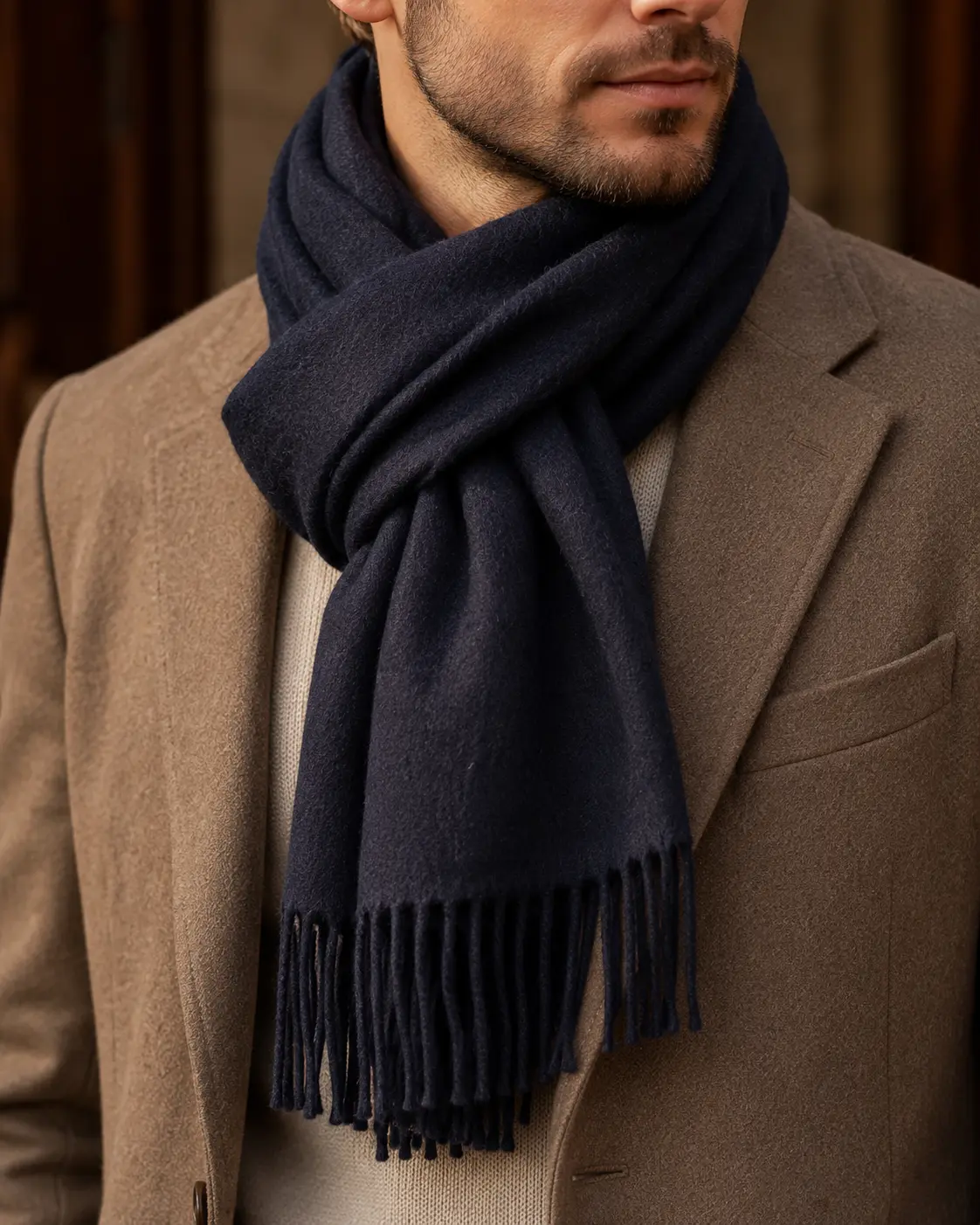 Navy Blue Classic Fringe Scarf