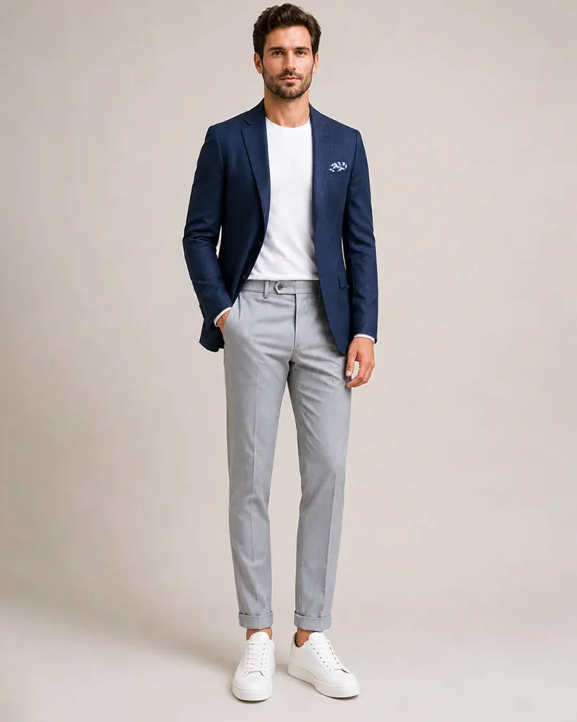 Navy Blue Textured Notch-Lapel Blazer