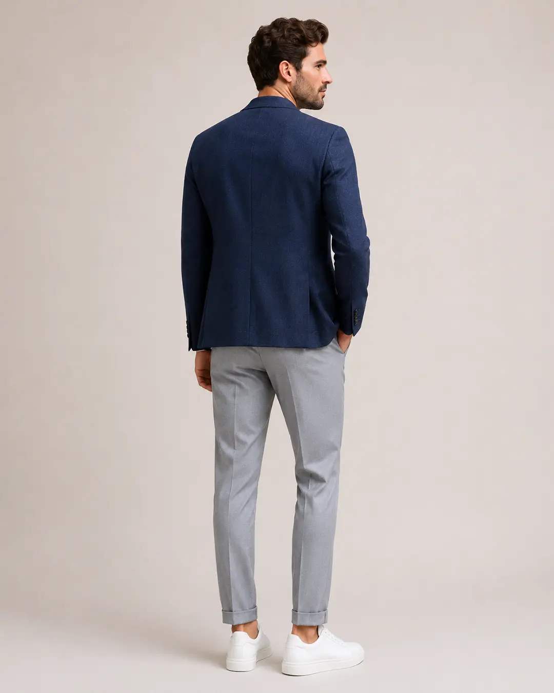 Navy Blue Textured Notch-Lapel Blazer