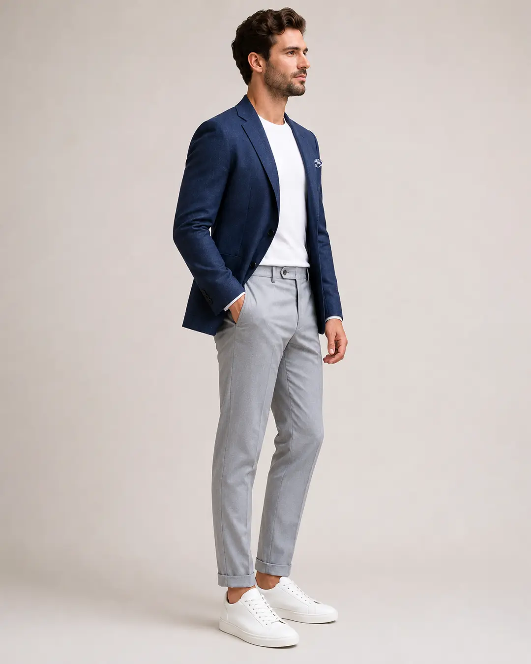 Navy Blue Textured Notch-Lapel Blazer
