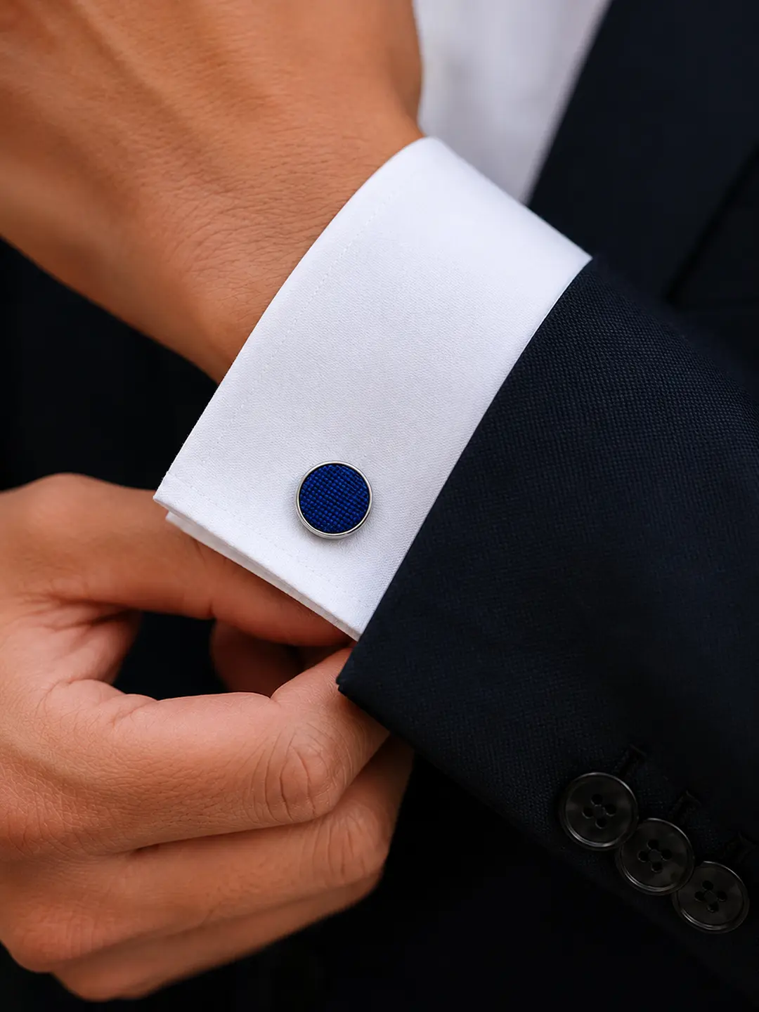 Navy Blue Textured Round Cufflinks