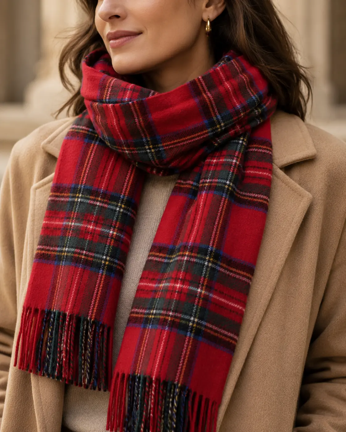 Red Tartan Check Fringe Scarf