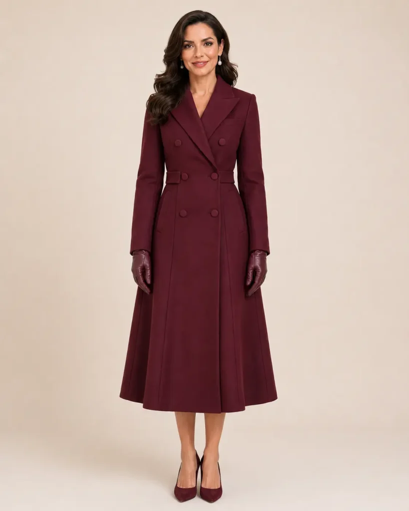 Burgundy Double-Breasted Belted Coat