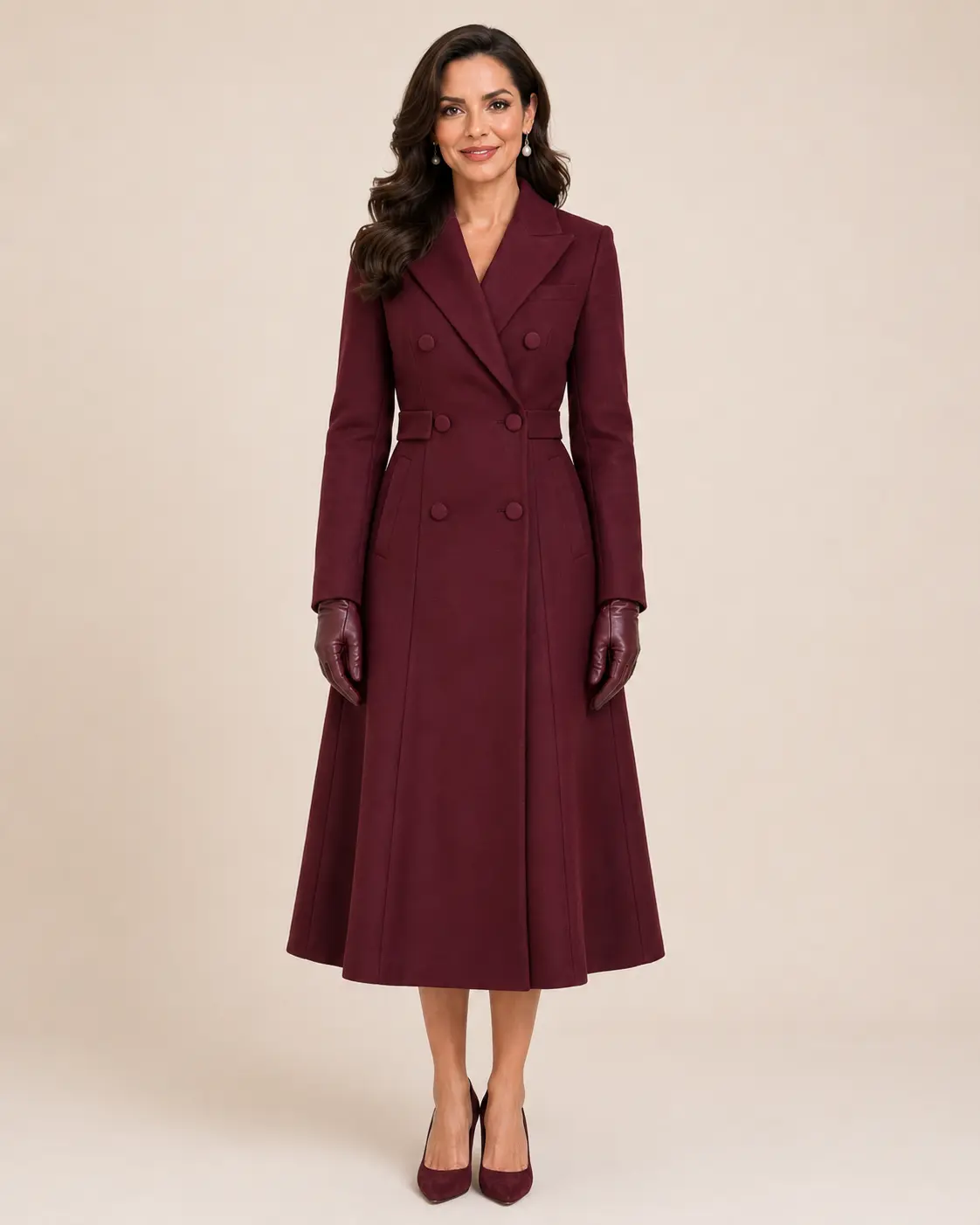 Burgundy Double-Breasted Belted Coat