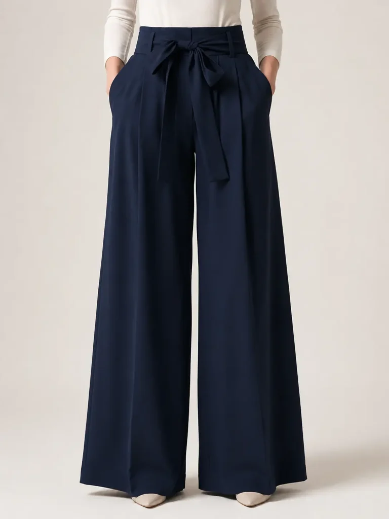 Navy Tie-Waist Wide-Leg Trousers