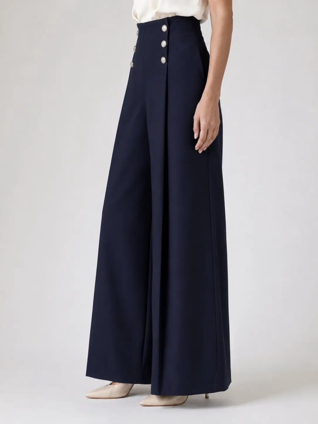 Taupe High-Waisted Button-Detail Wide-Leg Trousers