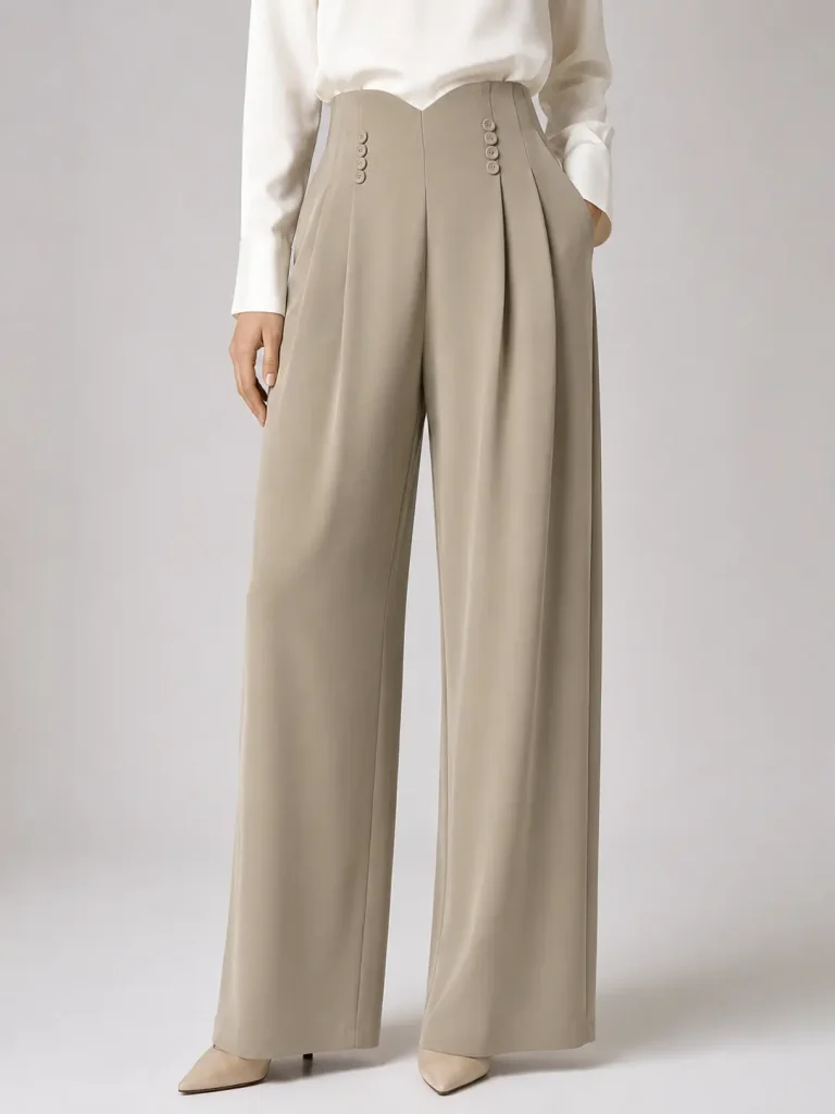 Taupe High-Waisted Button-Detail Wide-Leg Trousers