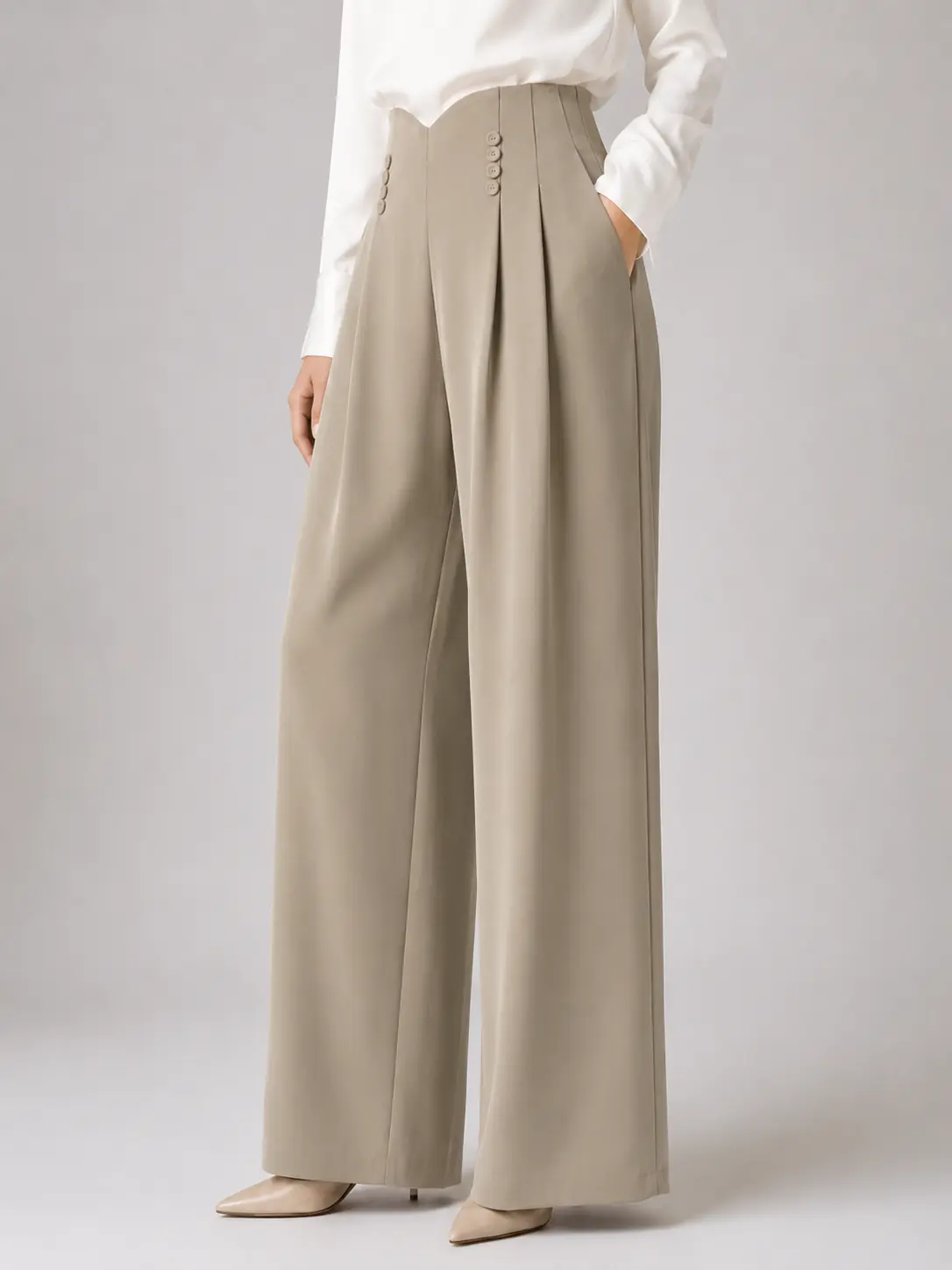 Taupe High-Waisted Button-Detail Wide-Leg Trousers