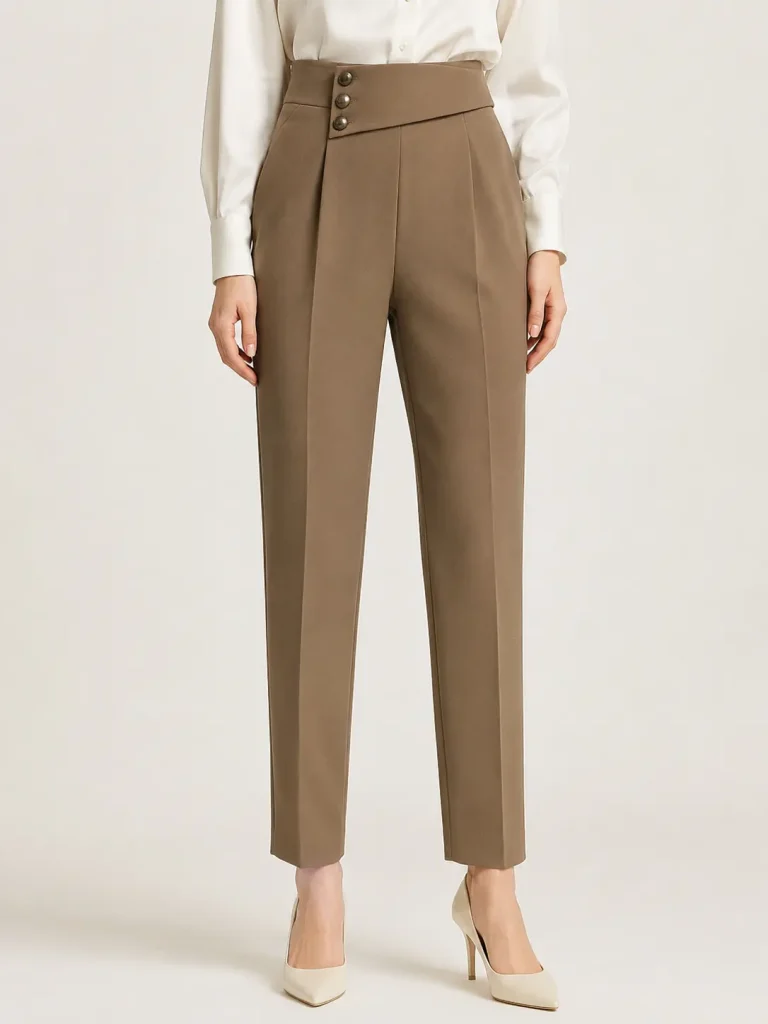 Taupe Asymmetric High-Waisted Tapered Trousers