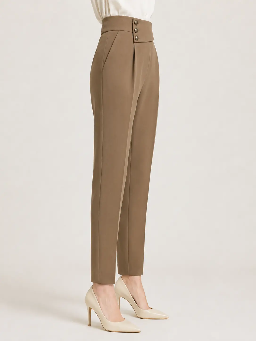 Taupe Asymmetric High-Waisted Tapered Trousers