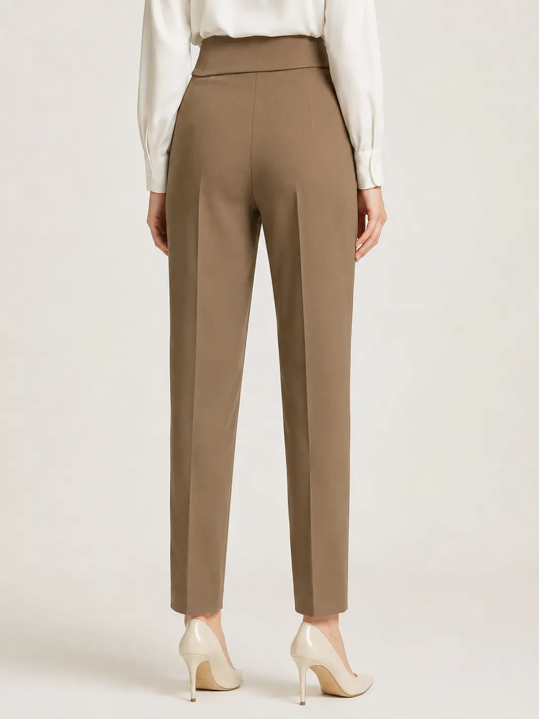 Taupe Asymmetric High-Waisted Tapered Trousers