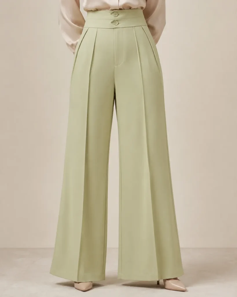 Sage Green High-Waisted Pleated Wide-Leg Trousers