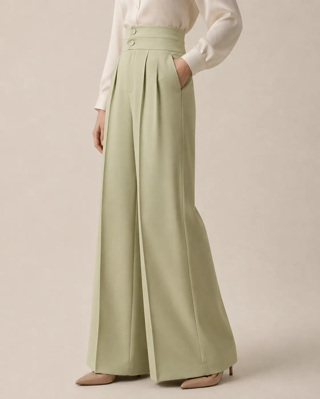 Sage Green High-Waisted Pleated Wide-Leg Trousers