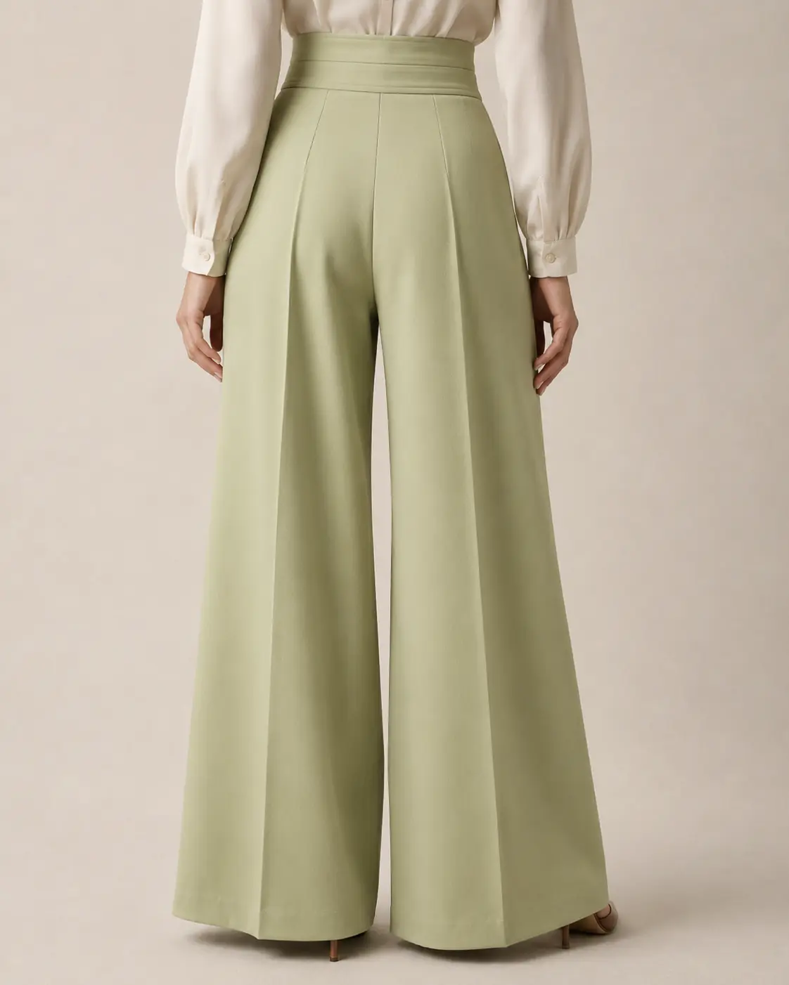 Sage Green High-Waisted Pleated Wide-Leg Trousers