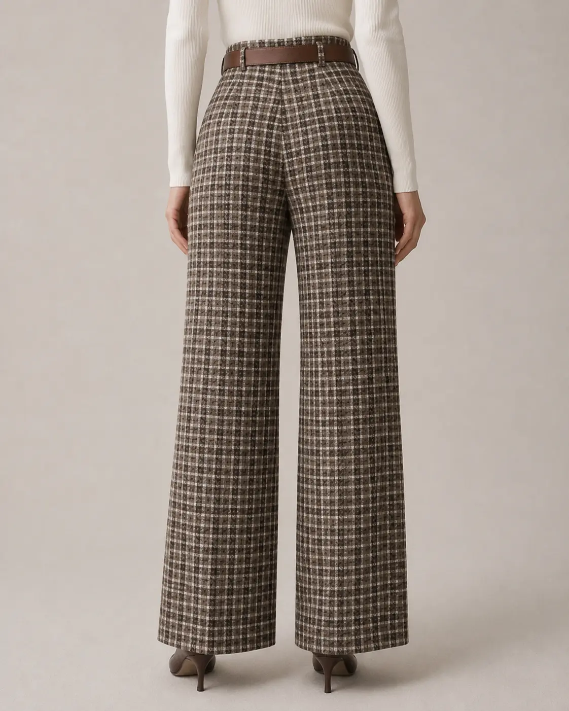 Brown Plaid High-Waisted Wide-Leg Trousers