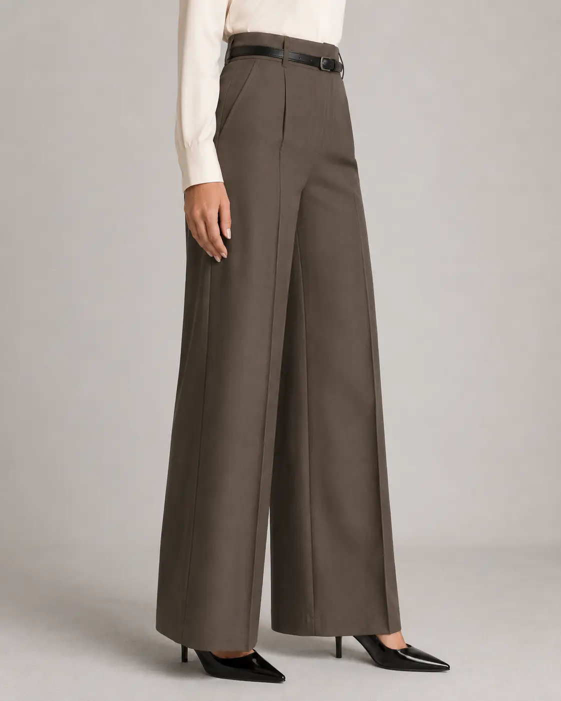 Taupe High-Waisted Wide-Leg Trousers