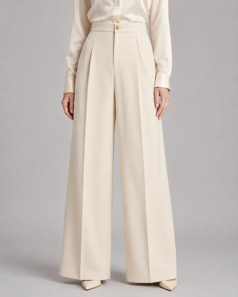 Ivory High-Waisted Pleated Wide-Leg Trousers