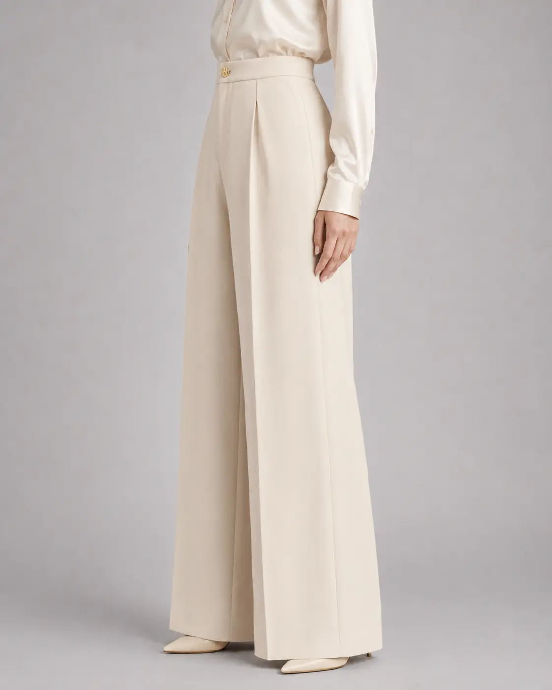 Ivory High-Waisted Pleated Wide-Leg Trousers