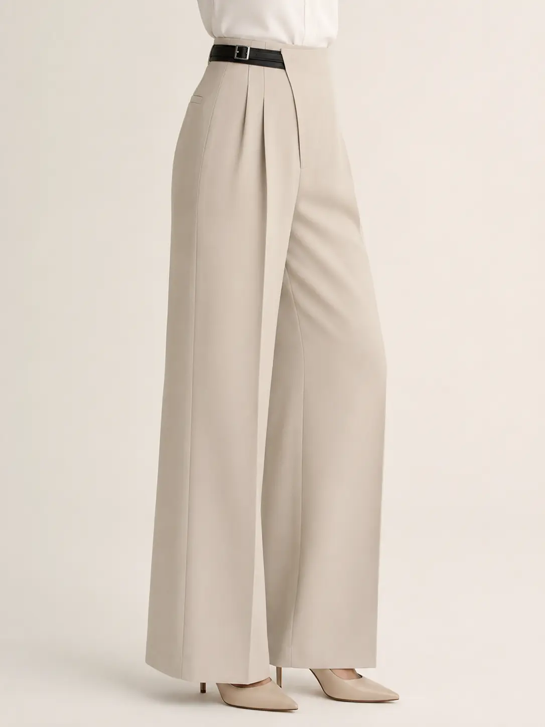 Ivory High-Waisted Pleated Wide-Leg Trousers