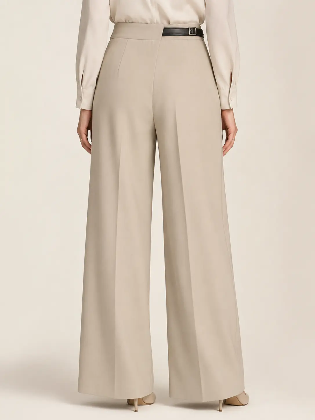Ivory High-Waisted Pleated Wide-Leg Trousers
