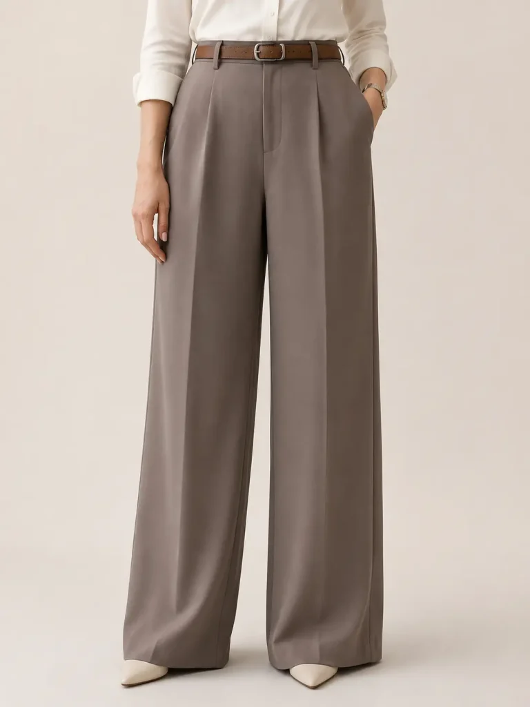 Taupe High-Waisted Pleated Wide-Leg Trousers