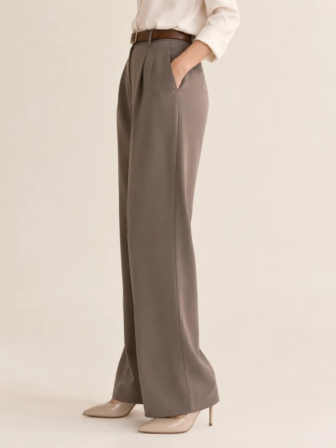 Taupe High-Waisted Pleated Wide-Leg Trousers