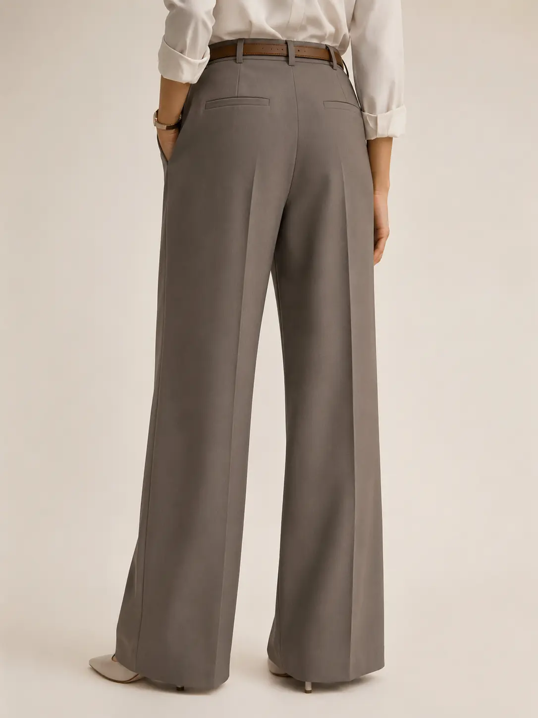 Taupe High-Waisted Pleated Wide-Leg Trousers