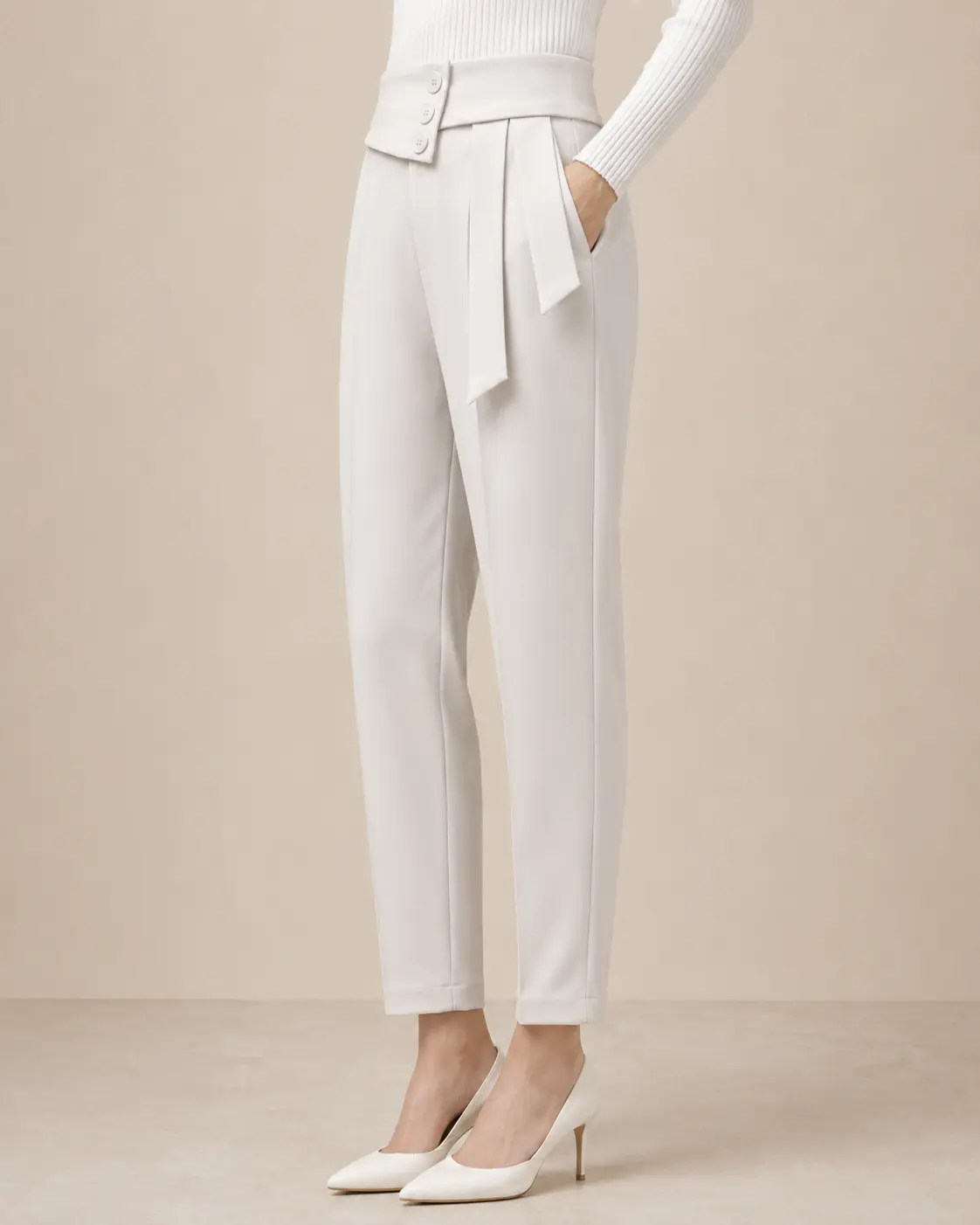 Ivory High-Waisted Tapered Trousers