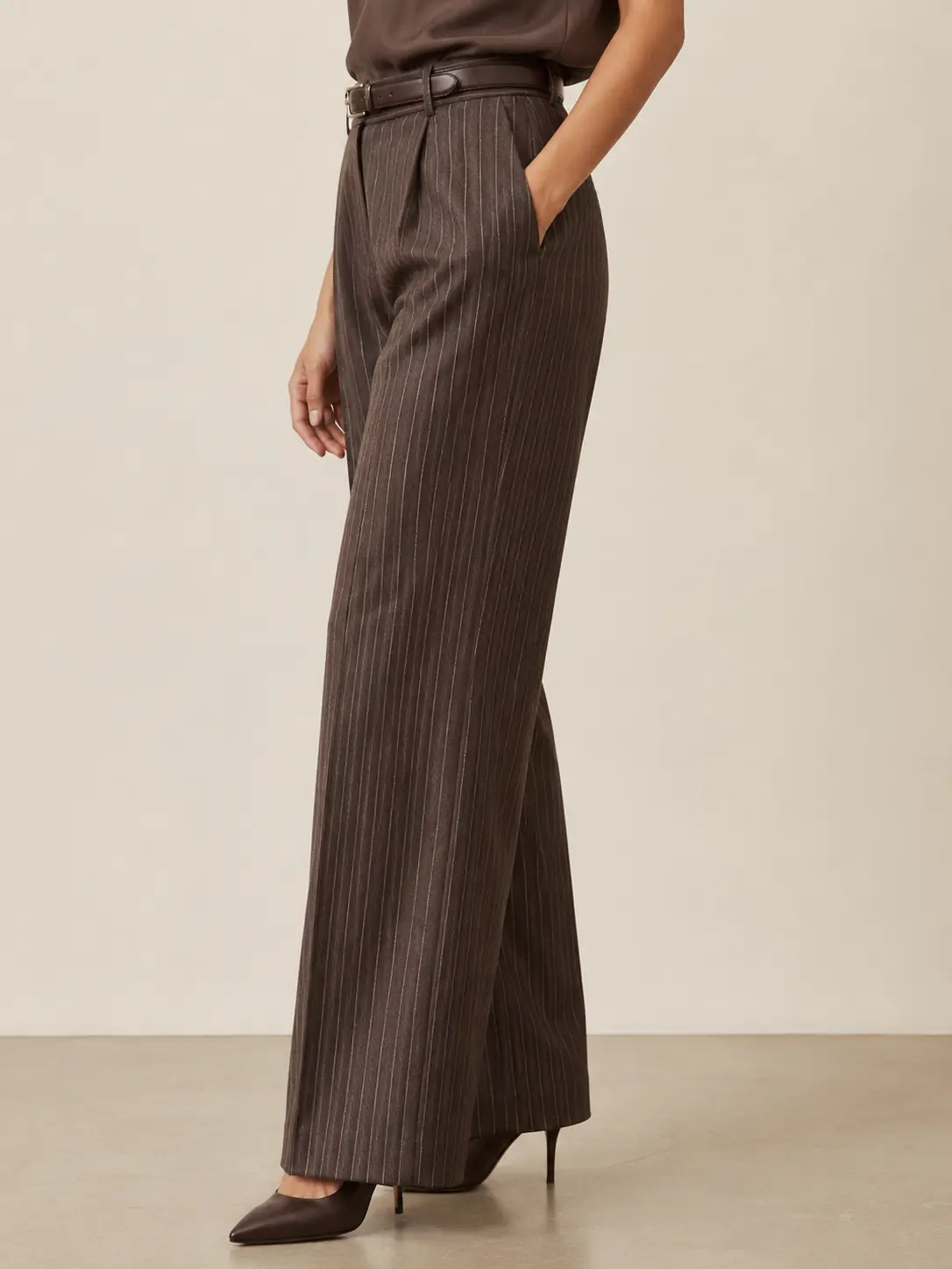Chocolate Brown Pinstripe Wide-Leg Trousers