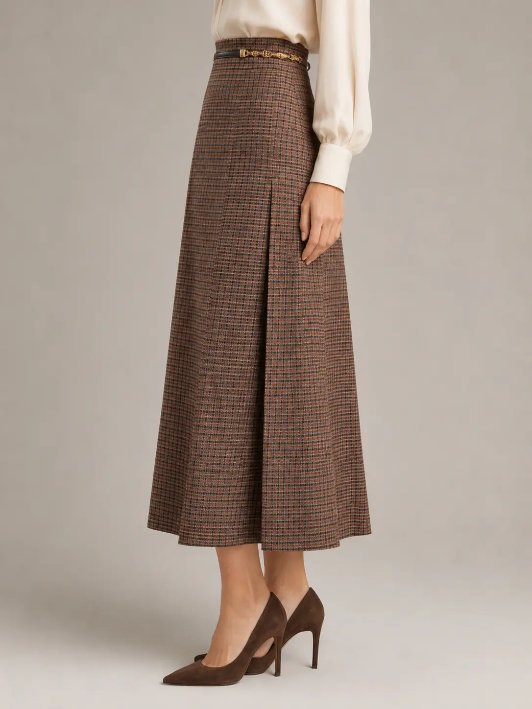 Brown Plaid High-Waisted A-Line Midi Skirt