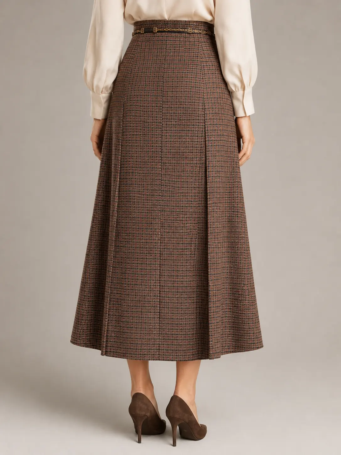 Brown Plaid High-Waisted A-Line Midi Skirt