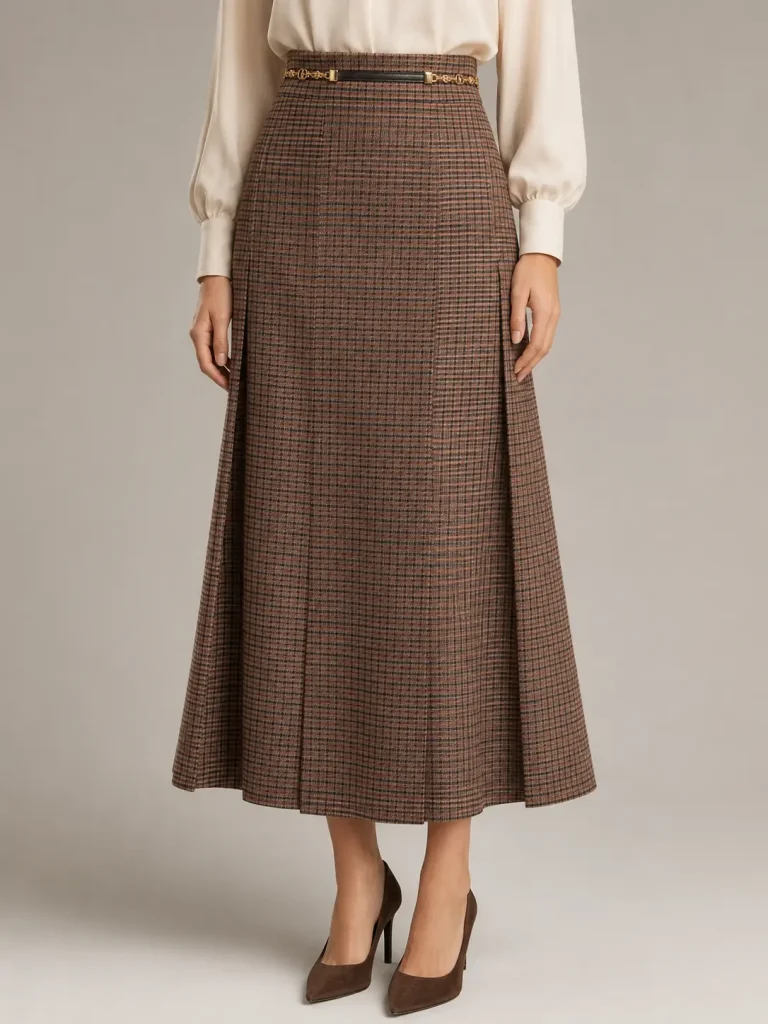Brown Plaid High-Waisted A-Line Midi Skirt