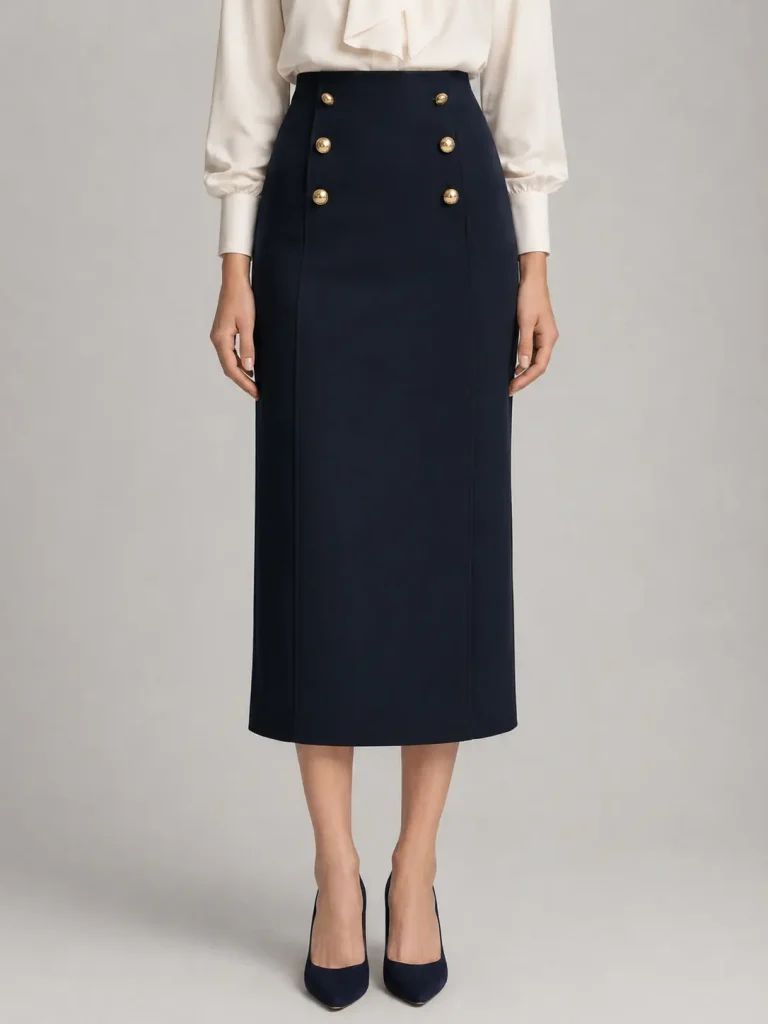 Navy Double-Breasted Button Midi Skirt