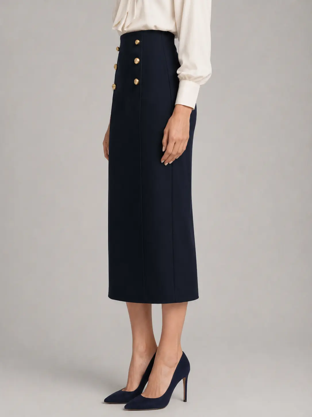 Navy Double-Breasted Button Midi Skirt