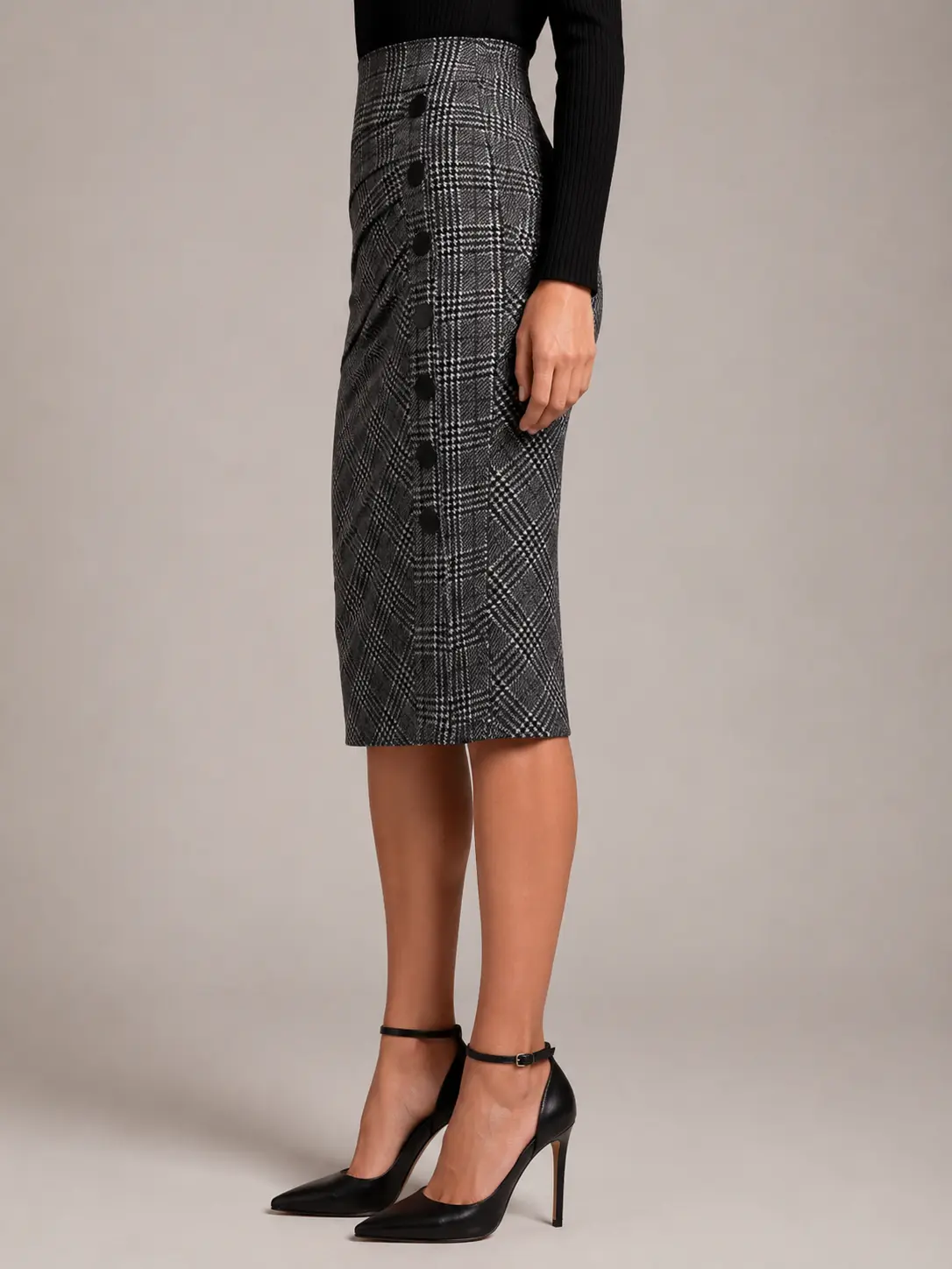 Grey Plaid Button-Detail Wrap Pencil Skirt