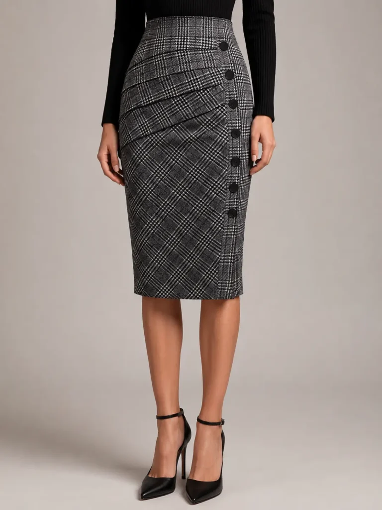Grey Plaid Button-Detail Wrap Pencil Skirt